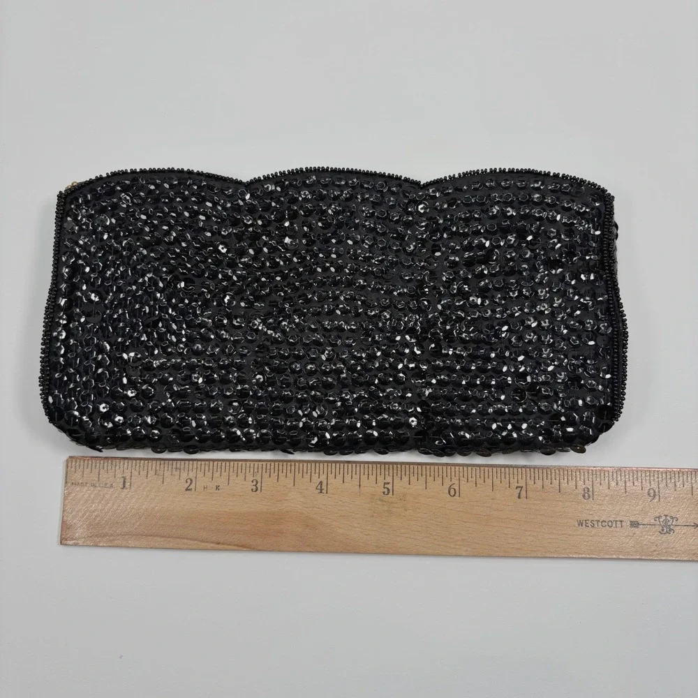 Vintage Women Cosmetic Bag Pouch Sequin Beaded Scalloped Edge Black Gatsby Glam
